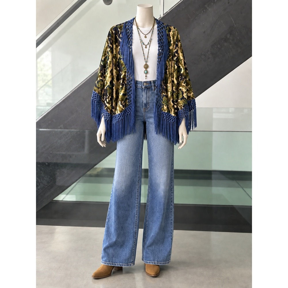 Urban Outfitters Velvet Burnout Kimono Fringe Macrame Trim Green Gold Blue OS